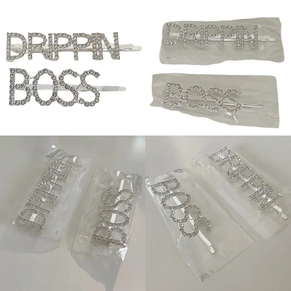 Crystal Rhinestone Studded Metal Hair Pin Accessories “DRIPPIN” & “BOSS” Set - Picture 3 of 11